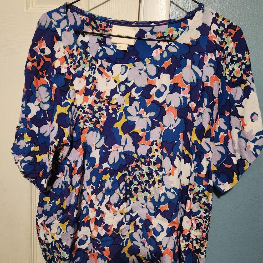 Maeve blue, white, orange, and purple abstract floral print blouse in a small